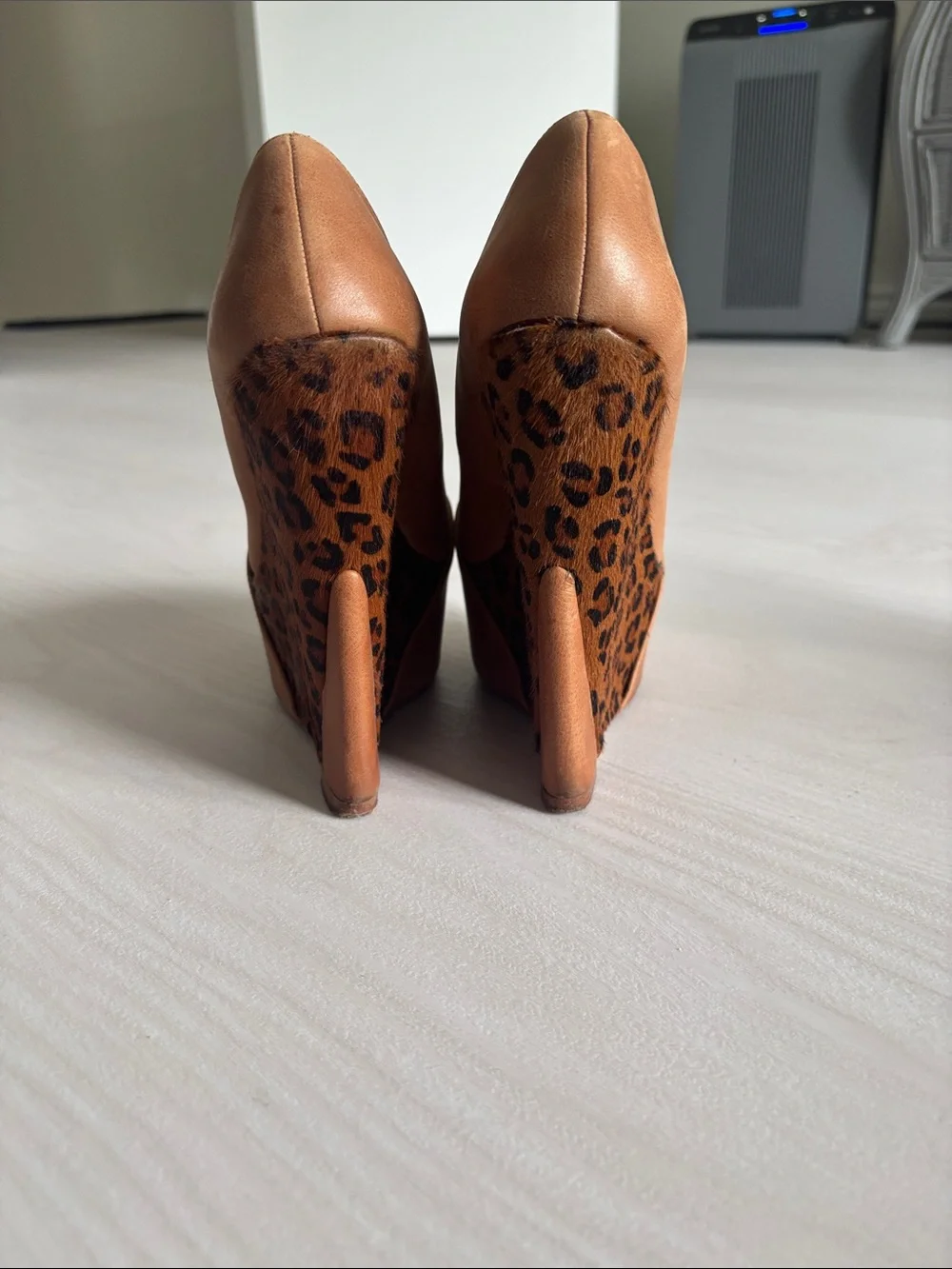 Tan Peep-Toe Platform Heels with Leopard Accent